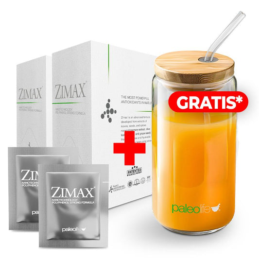 2 Zimax® Sobres + EcoVaso de Vidrio y Bambú